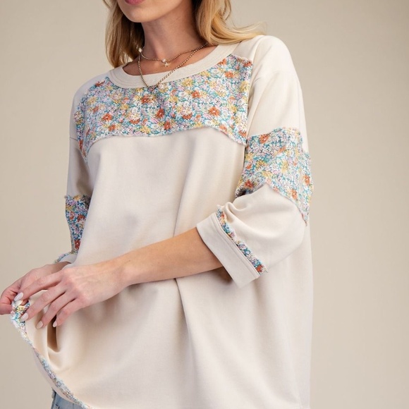 NEW EASEL Floral PATCH SOFT WASHED TERRY KNIT TOP BOXY PATCHWORK ECRU RELAXED - Picture 7 of 8